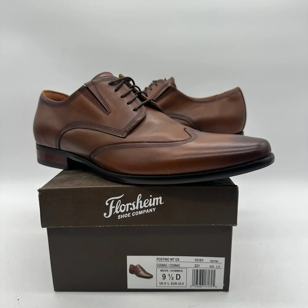 Florsheim 15181 Postino WT OX Mens Size 9.5 D Cognac Leather Wingtip Dress Shoes